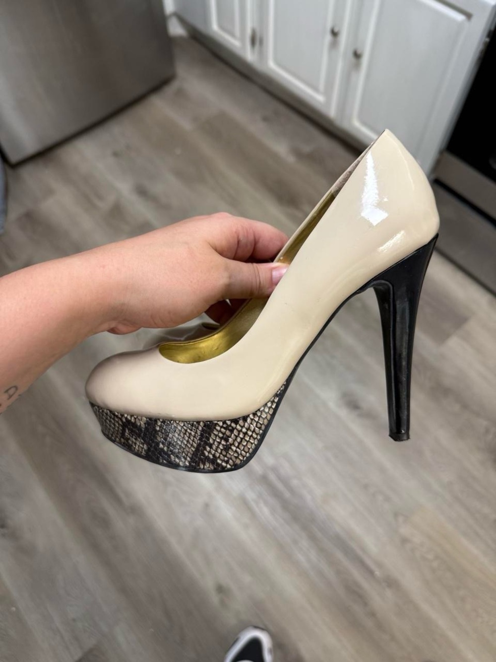 Guess Nude Patent Platform Pumps with Snake-Print Platform